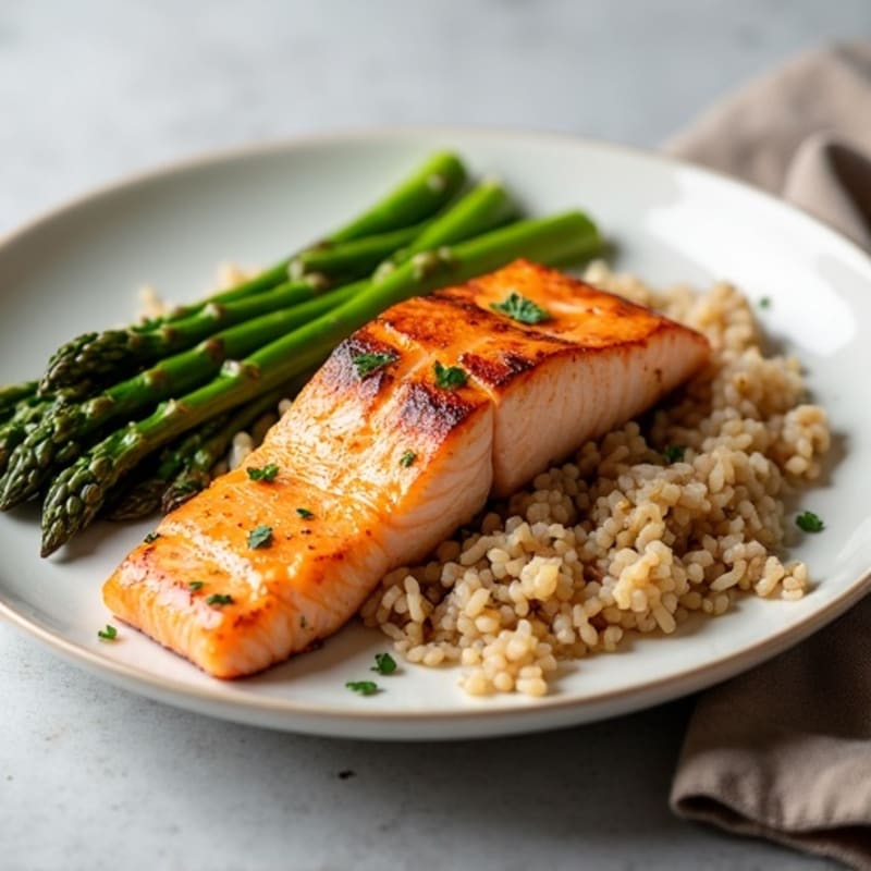 Seared Salmon with Steamed Asparagus and Brown Rice