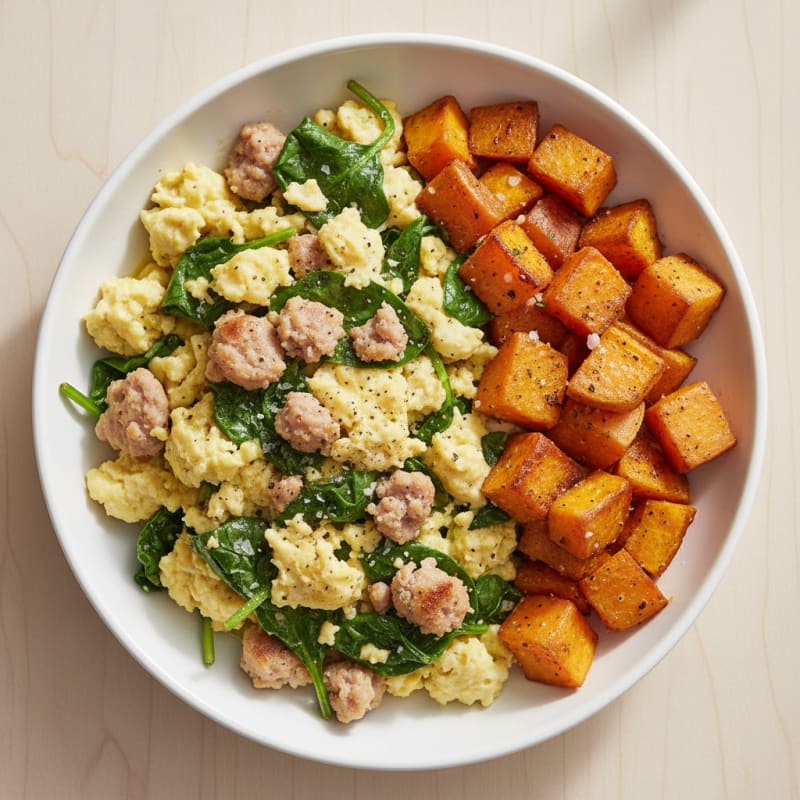 Egg White and Turkey Sausage Scramble with Spinach and Roasted Sweet Potato