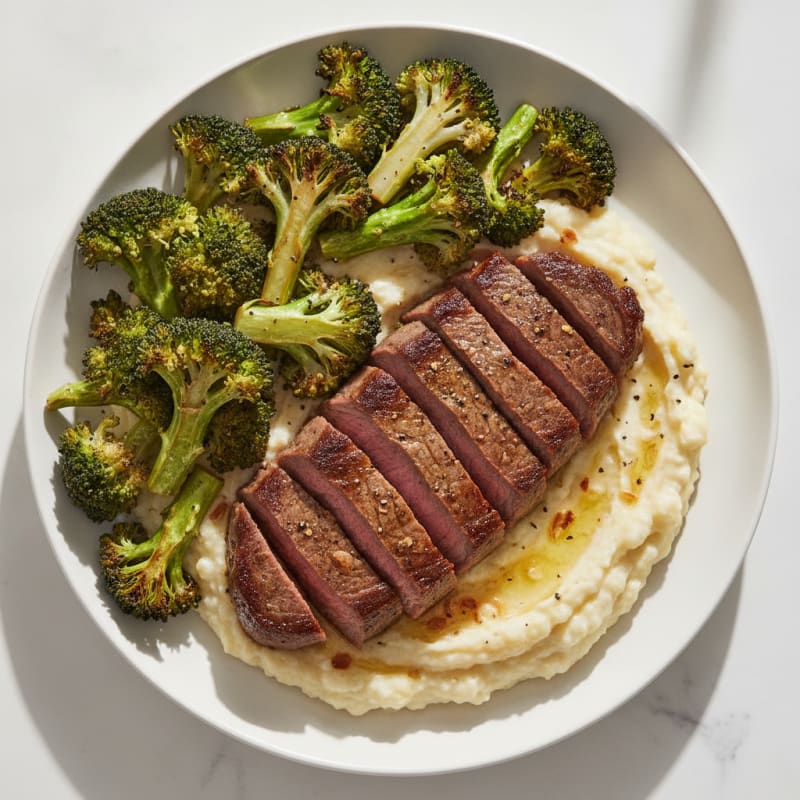 Seared Lean Beef with Roasted Broccoli and Garlic Cauliflower Mash