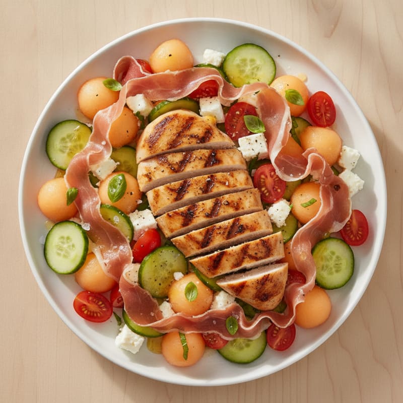 Prosciutto Melon Feta Salad with Grilled Chicken