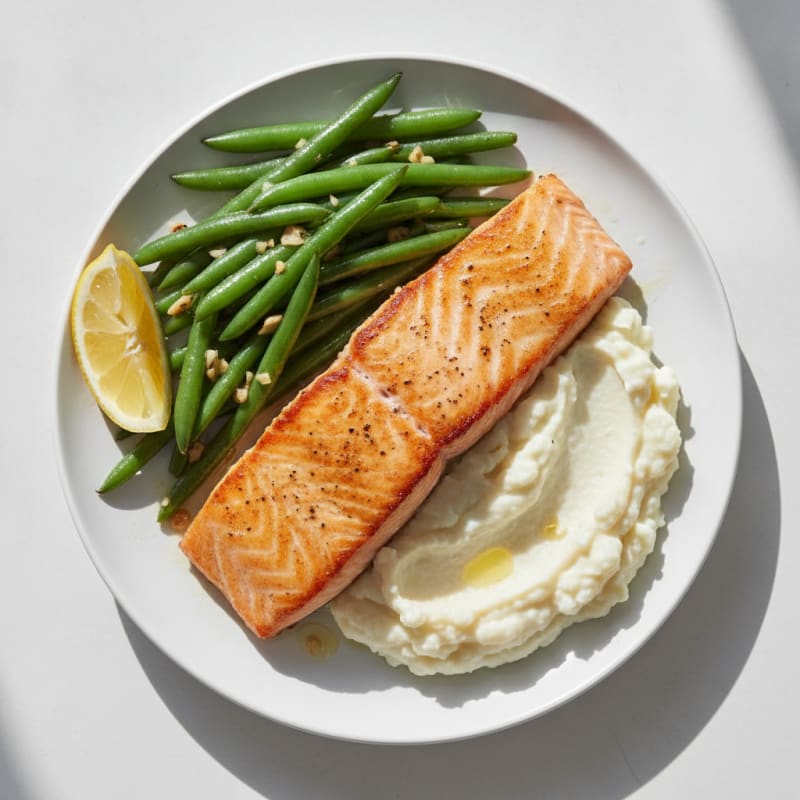 Seared Salmon with Garlic Green Beans and Cauliflower Mash