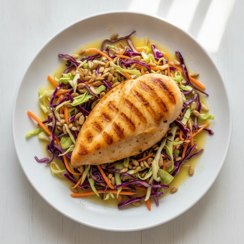 Grilled Chicken Breast with Crunchy Cabbage Slaw and Lemon Vinaigrette
