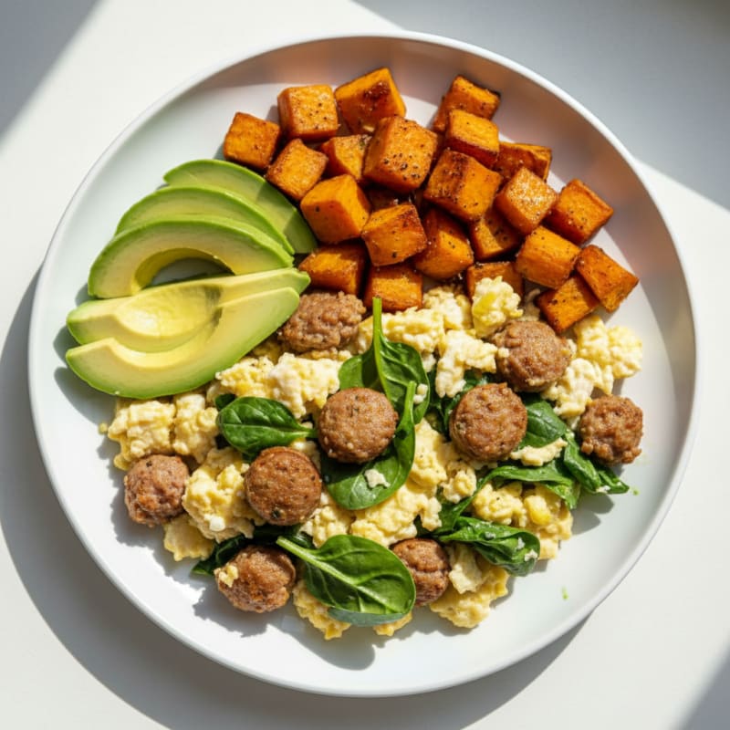 Egg White Scramble with Turkey Sausage and Spinach