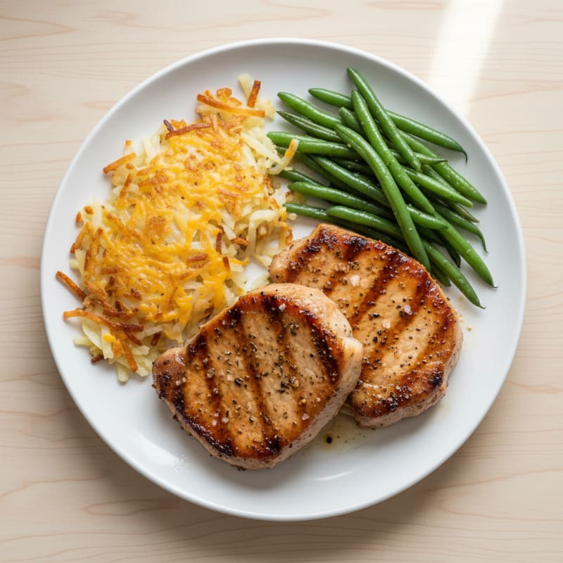 Pan-Seared Pork Chops with Cheesy Hashbrowns