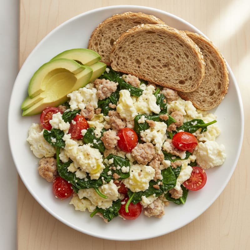 Egg White and Turkey Sausage Scramble with Spinach and Tomatoes