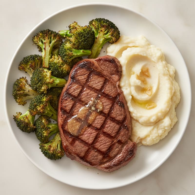 Seared Steak with Roasted Broccoli and Garlic Mashed Cauliflower