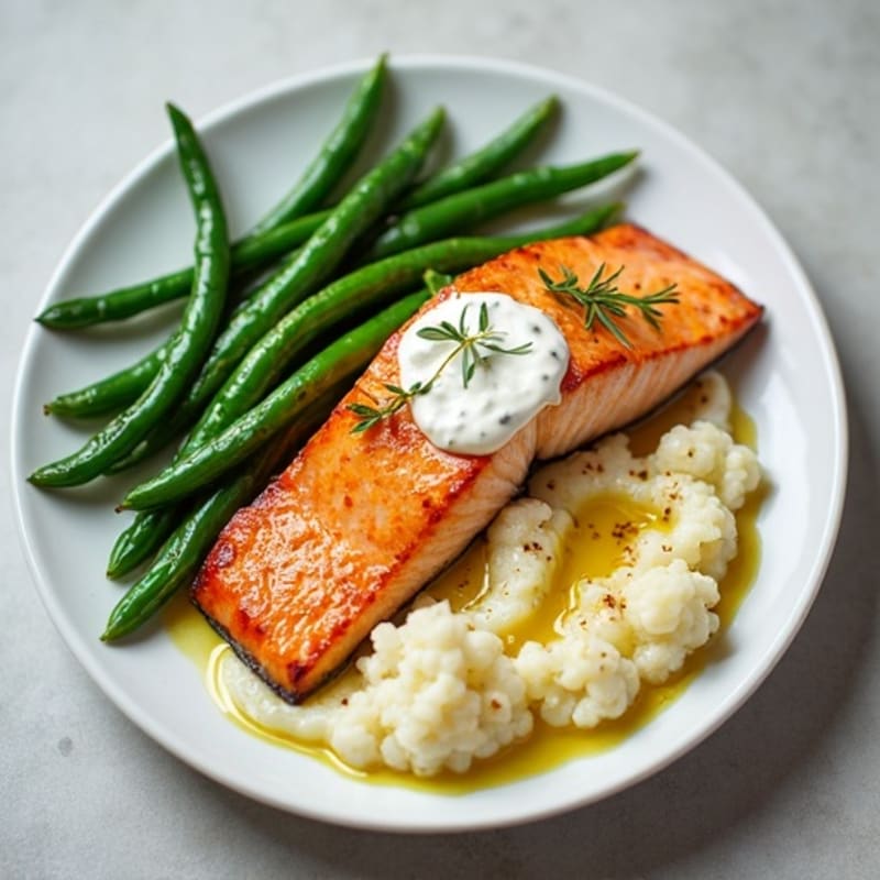 Seared Salmon Fillet with Steamed Green Beans and Cauliflower Mash