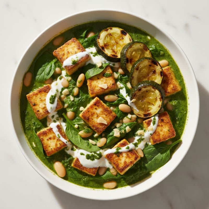 Silky Paneer and White Bean Stew with Spinach and Grilled Zucchini