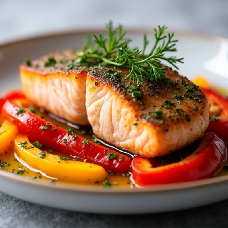 Herb-Crusted Pan Seared Salmon with Roasted Sweet Peppers
