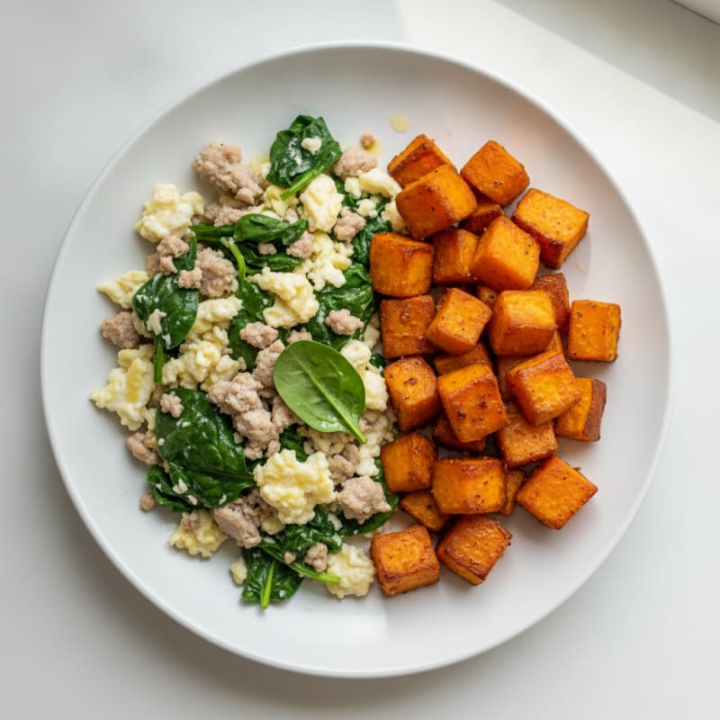 Egg White and Turkey Spinach Scramble with Roasted Sweet Potato