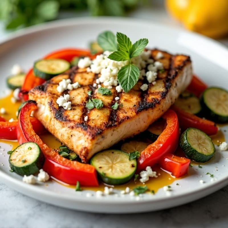 Grilled Chicken Breast with Roasted Vegetables and Feta