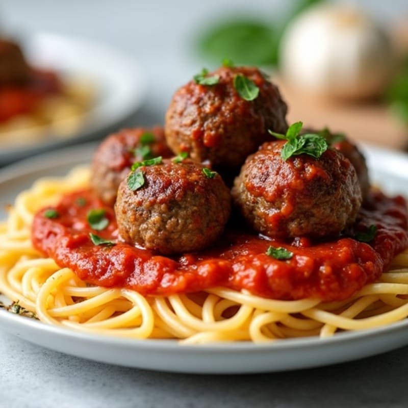 Lean Beef Meatballs with Whole Wheat Spaghetti and Hearty Tomato Sauce