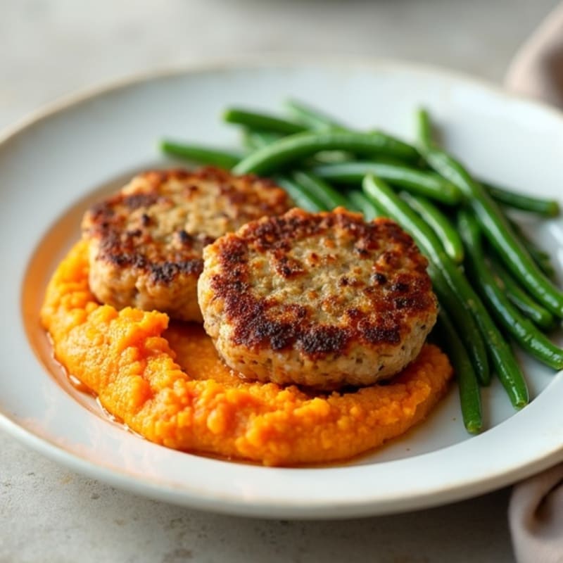 Seared Turkey Patties with Steamed Green Beans and Sweet Potato Mash
