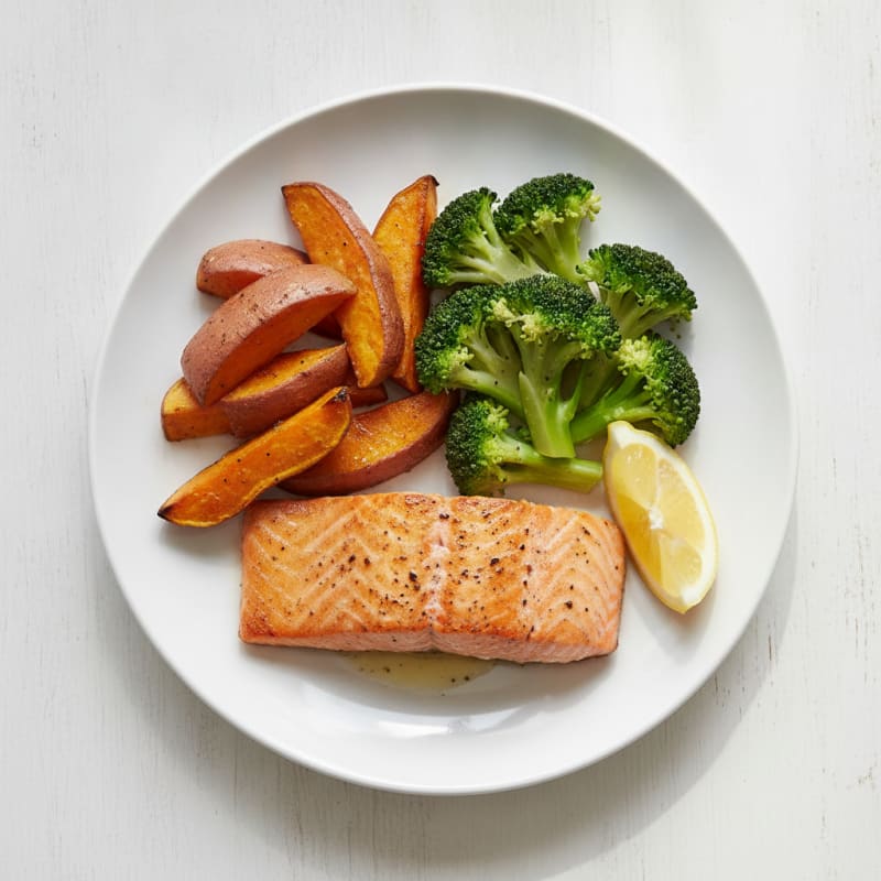 Seared Salmon with Roasted Sweet Potato and Steamed Broccoli