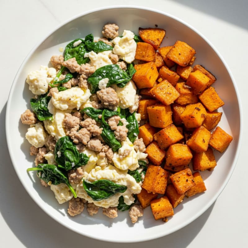 Egg White and Turkey Spinach Scramble with Roasted Sweet Potatoes