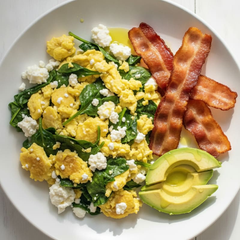 Cottage Cheese Egg Scramble with Spinach and Turkey Bacon