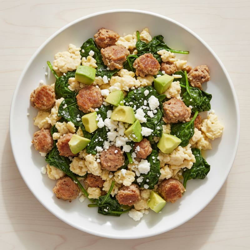 Egg White and Turkey Sausage Scramble with Sautéed Spinach