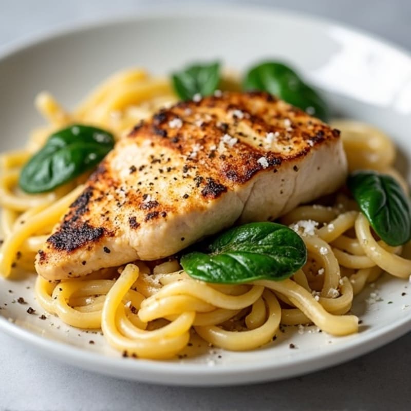 Healthy Chicken Carbonara with Whole Wheat Pasta and Fresh Spinach