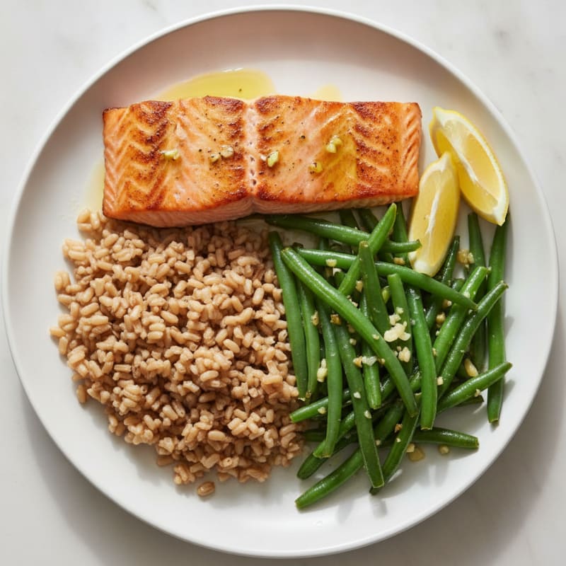 Seared Salmon with Garlic Green Beans and Brown Rice