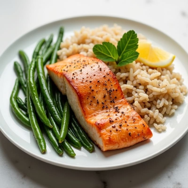 Seared Salmon with Garlic Green Beans and Brown Rice