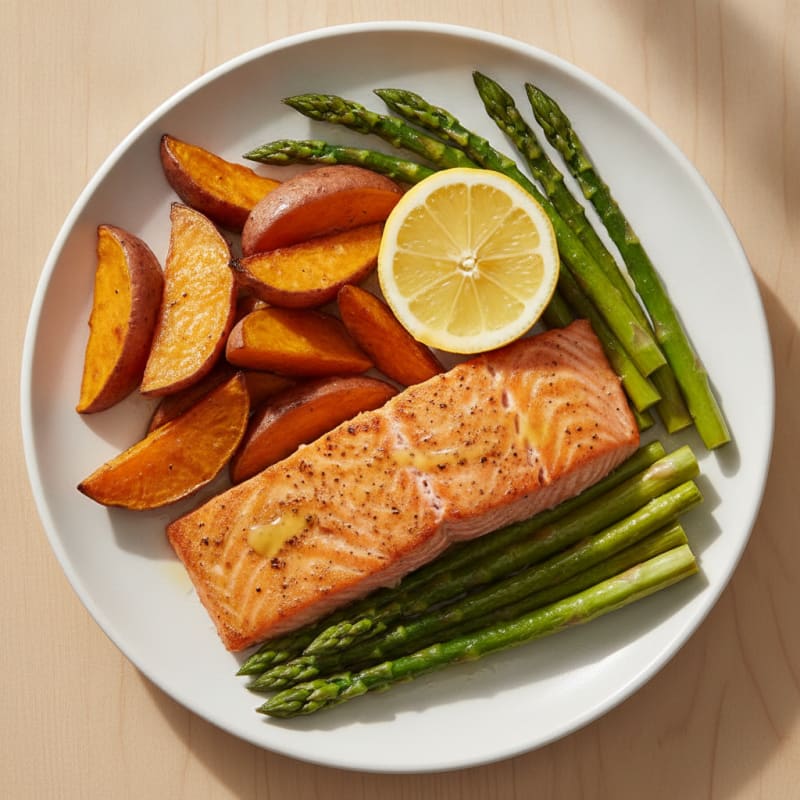 Seared Salmon with Roasted Sweet Potatoes and Asparagus