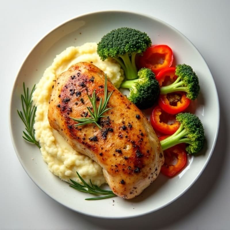 Herb-Roasted Chicken with Garlic Mashed Potatoes and Roasted Vegetables