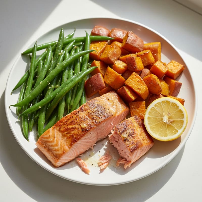 Seared Salmon with Roasted Sweet Potatoes and Green Beans