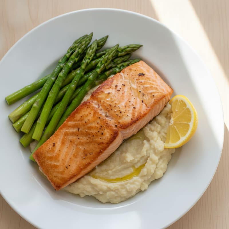 Seared Salmon Fillet with Steamed Asparagus and Cauliflower Mash