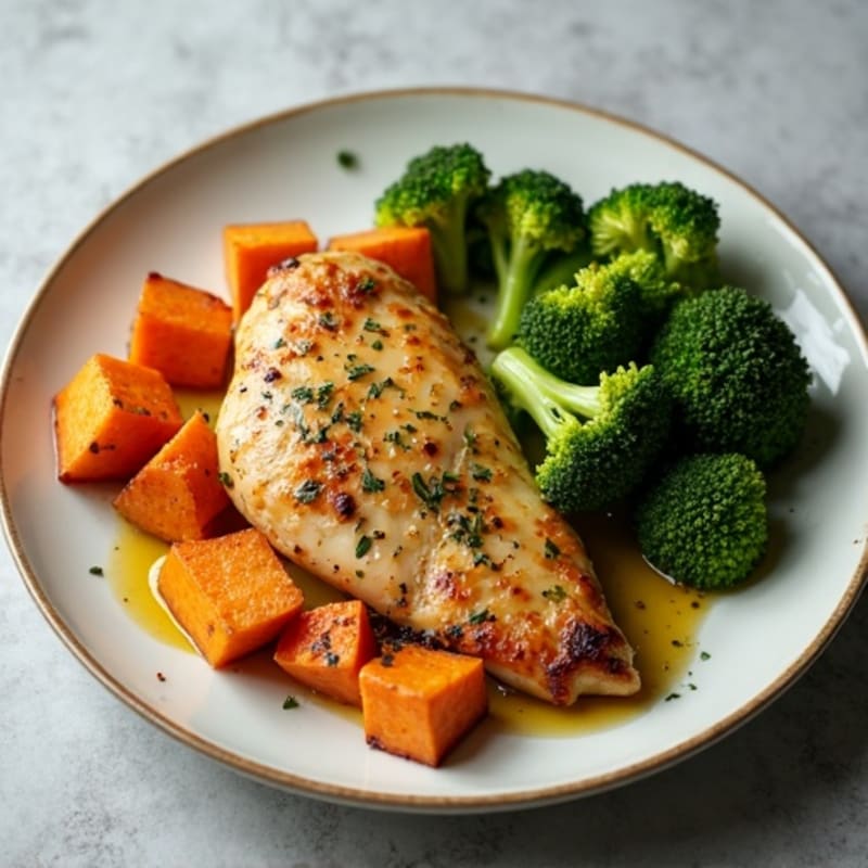 Lemon Herb Roasted Chicken with Crispy Sweet Potatoes and Tender Broccoli
