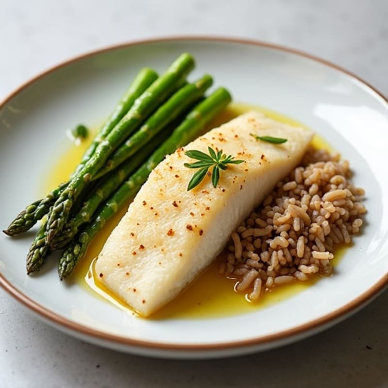Baked White Fish with Steamed Asparagus and Brown Rice
