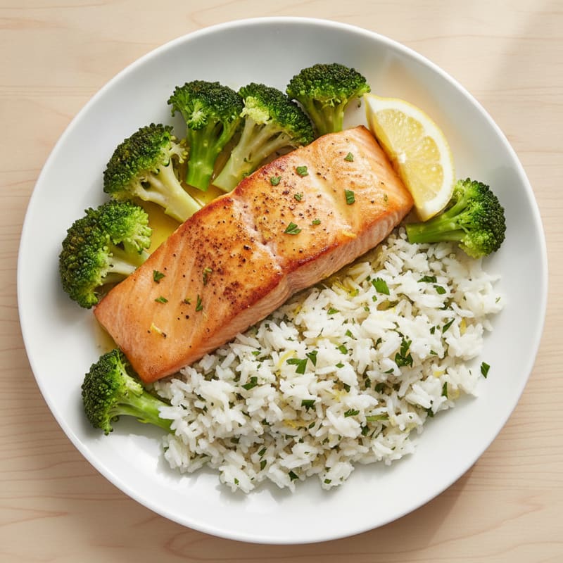 Seared Salmon with Steamed Broccoli and Lemon Herb Rice
