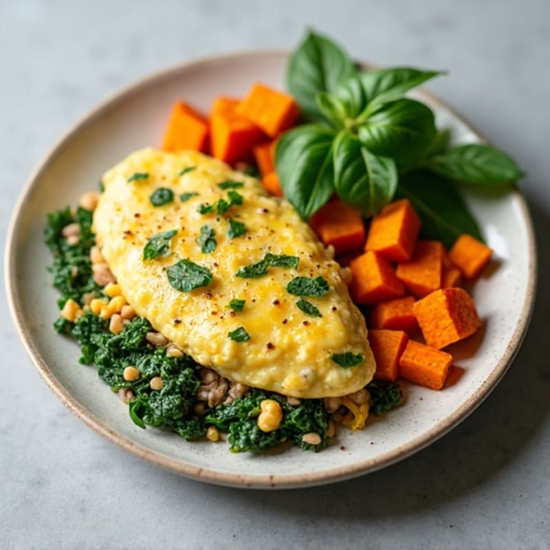 Egg White and Turkey Spinach Scramble with Roasted Sweet Potatoes