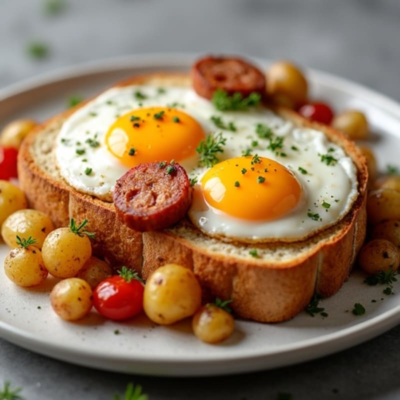 Egg and Chicken Sausage Sourdough Toast with Roasted Potatoes