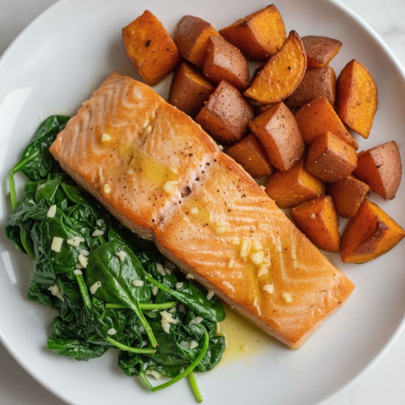 Seared Salmon with Garlic Spinach and Roasted Sweet Potato