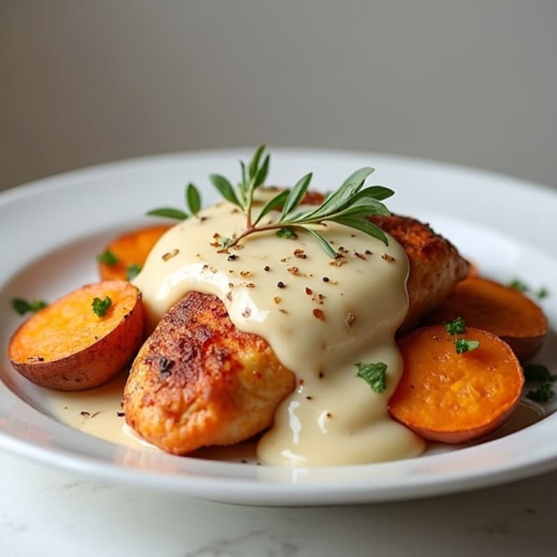 Creamy Coconut Chicken with Roasted Sweet Potatoes