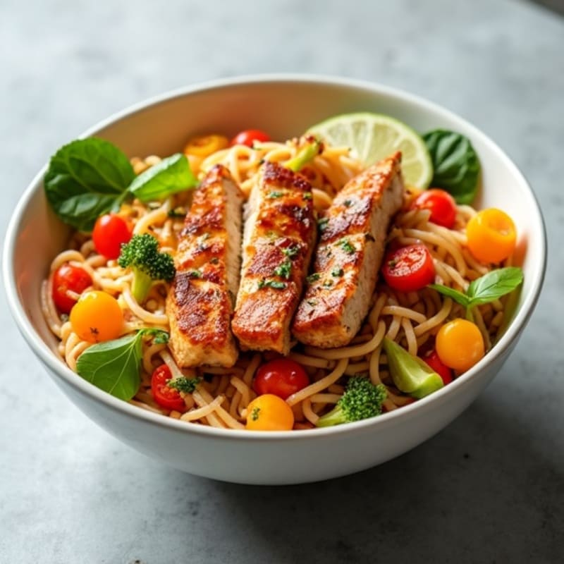 Spicy Sriracha Chicken and Silky Noodle Bowl with Fresh Vegetables