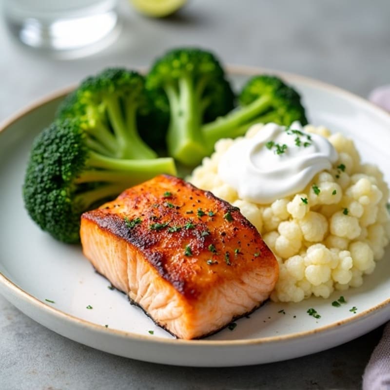 Seared Salmon with Steamed Broccoli and Garlic Cauliflower Mash