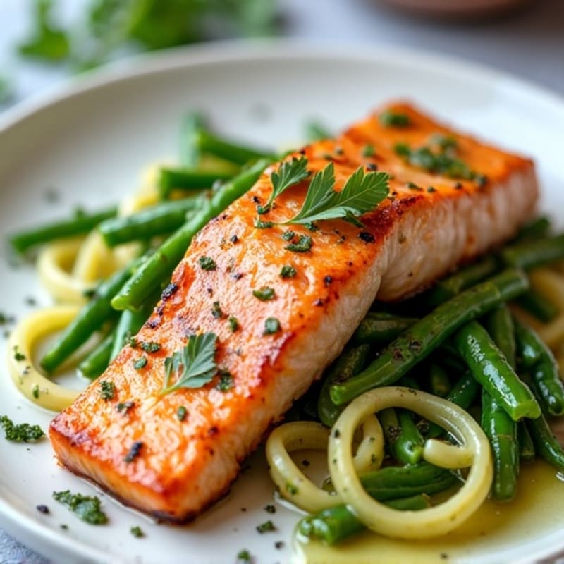 Seared Salmon Fillet with Garlic Green Beans and Zucchini Noodles