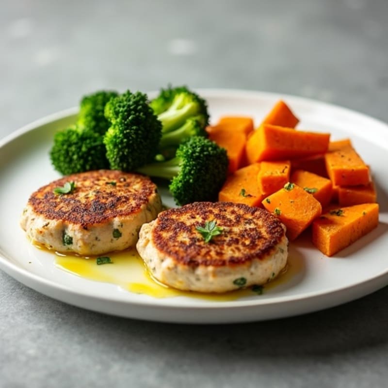 Seared Turkey Patties with Roasted Sweet Potato and Steamed Broccoli