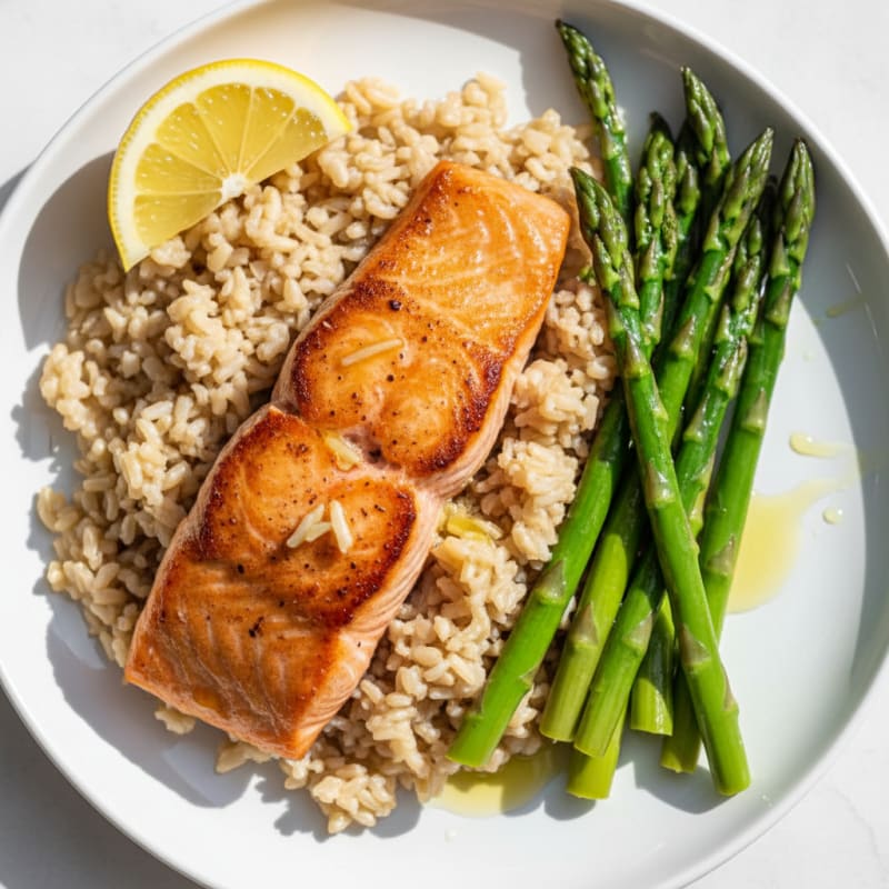 Seared Salmon with Steamed Asparagus and Brown Rice