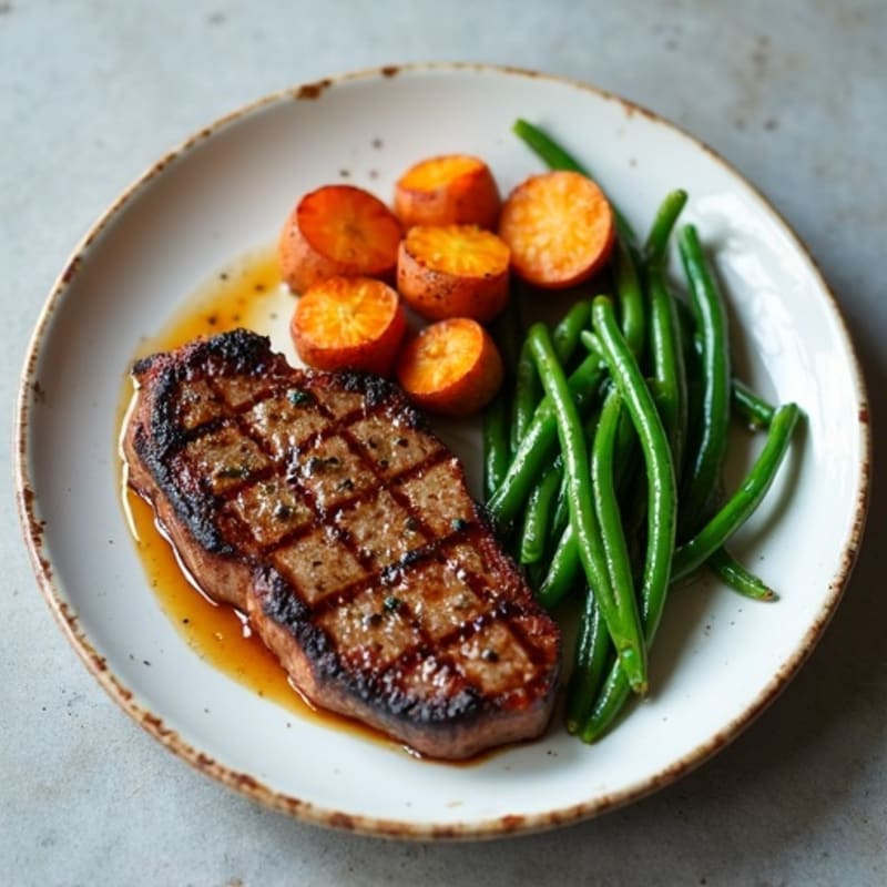 Seared Steak with Garlic Green Beans and Roasted Sweet Potato