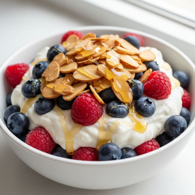 Greek Yogurt Protein Parfait with Mixed Berries and Almonds