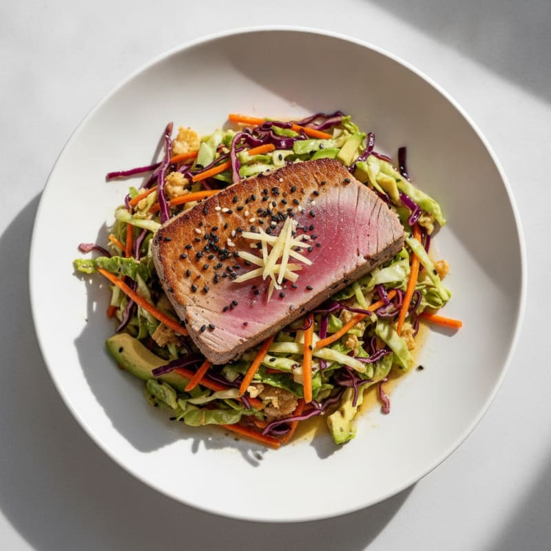 Grilled Tuna Steak over Crunchy Cabbage Slaw