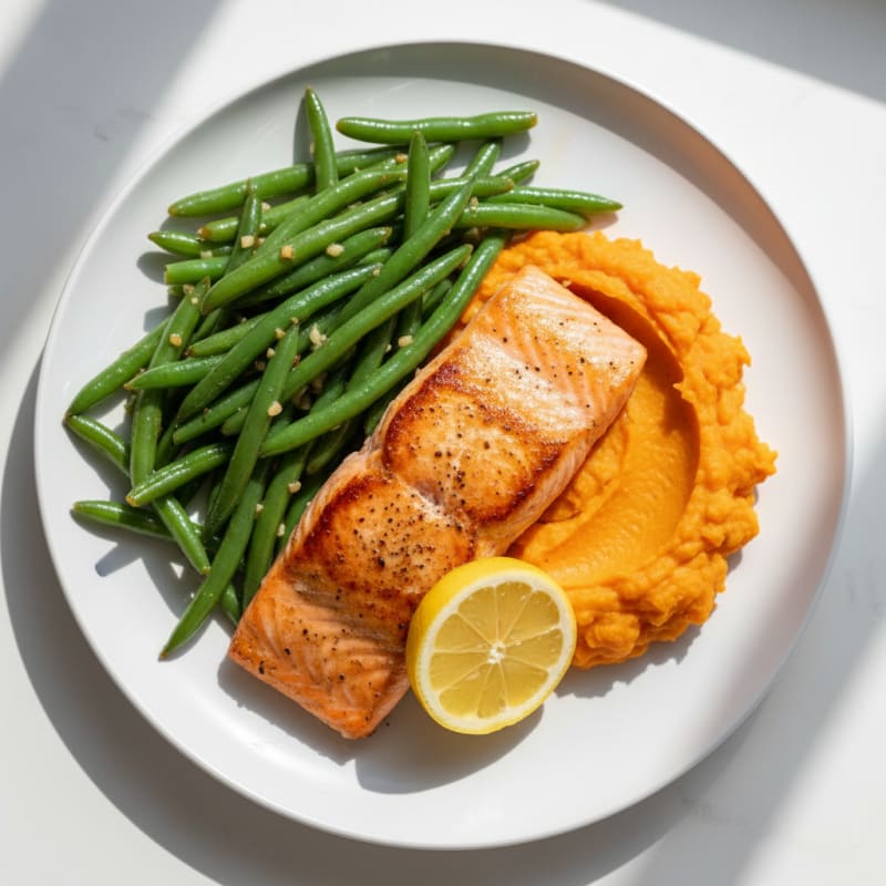 Seared Salmon with Garlic Green Beans and Sweet Potato Mash