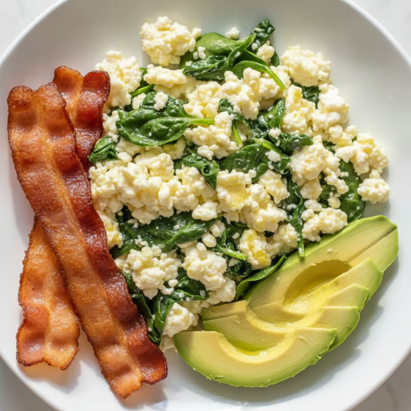 Cottage Cheese Egg White Scramble with Spinach and Turkey Bacon