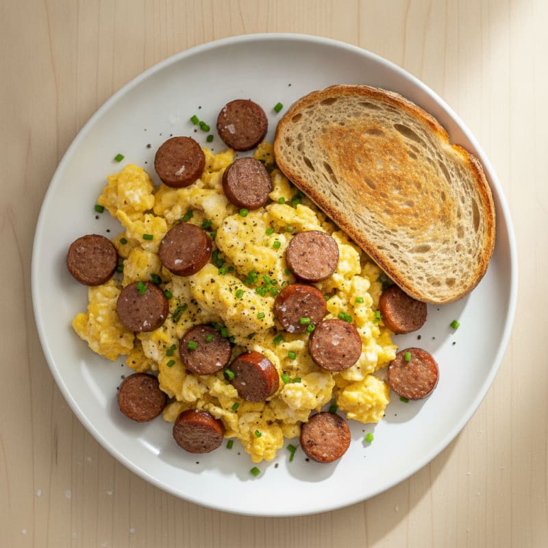Savory Beef Frank Scramble with Sourdough