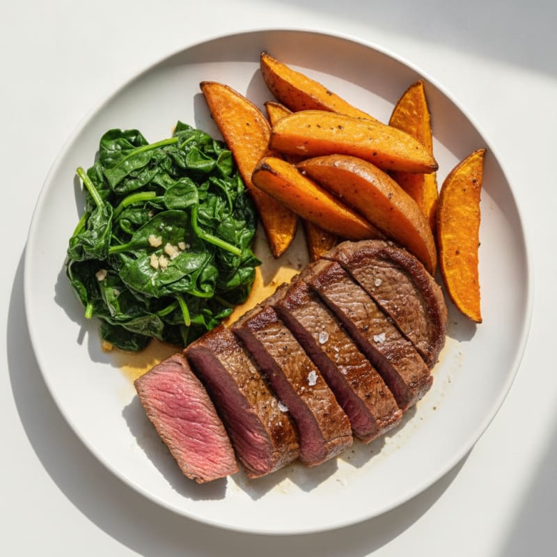 Seared Sirloin Steak with Roasted Sweet Potato Wedges and Sautéed Spinach