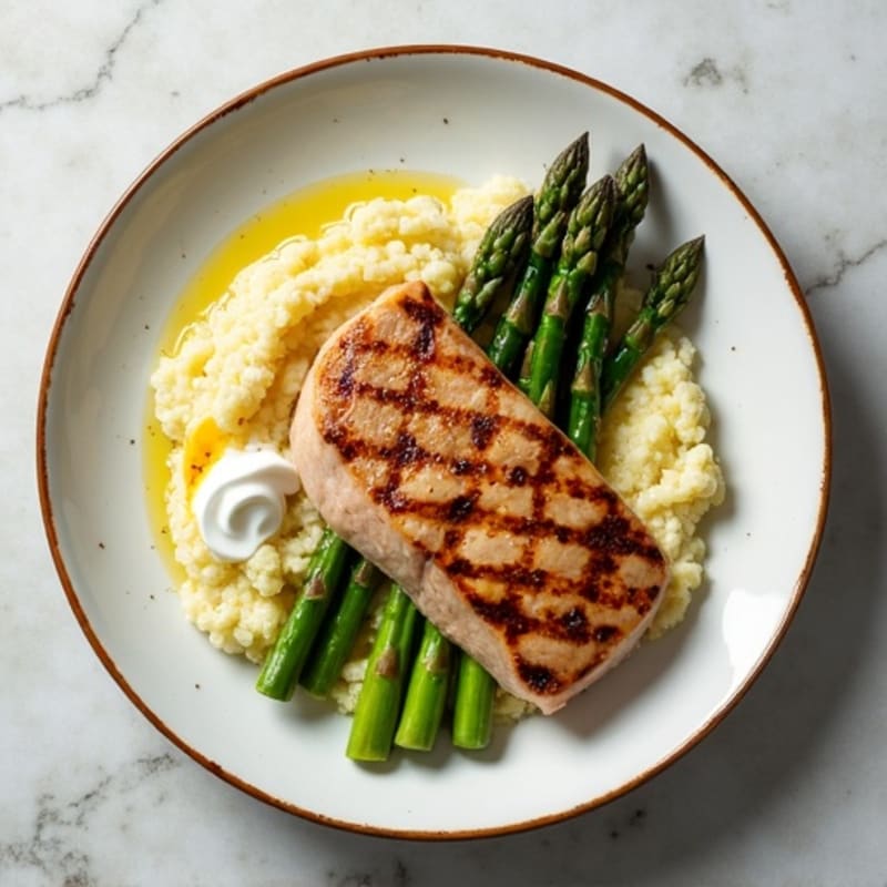 Seared Tuna Steak with Roasted Asparagus and Cauliflower Mash