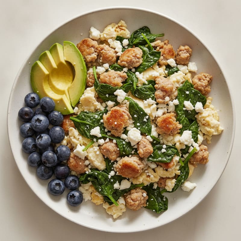 Egg White and Turkey Sausage Scramble with Spinach and Feta