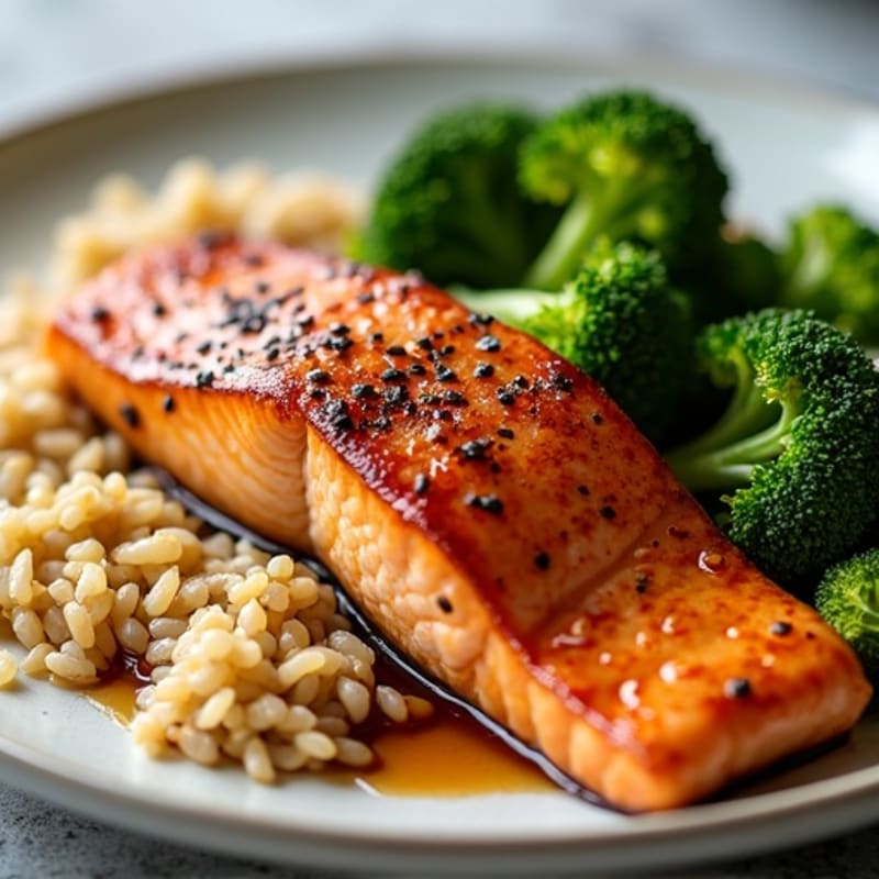 Teriyaki Glazed Salmon with Roasted Broccoli and Brown Rice